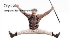  Presentation with cane - Beautiful PPT theme featuring retirement - overjoyed senior with a cane backdrop and a white colored foreground