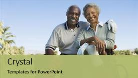  Presentation with retirement golf - Colorful slide deck enhanced with retirement - portrait of happy senior couple backdrop and a mint green colored foreground