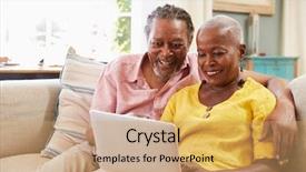  Presentation with retirement - Theme having retirement - senior couple sitting on sofa background and a coral colored foreground