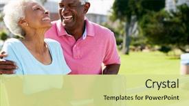  Presentation with walking together - Presentation theme with retirement - senior couple walking in park background and a blonde colored foreground