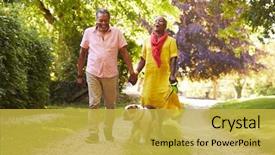  Presentation with senior couple - Audience pleasing PPT layouts consisting of retirement - senior couple walking with pet backdrop and a yellow colored foreground