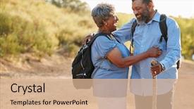  Presentation with backpacks - PPT theme featuring retirement - senior couple wearing backpacks hiking background and a coral colored foreground