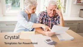  Presentation with bills - Audience pleasing presentation design consisting of retirement - worried senior couple checking their backdrop and a lemonade colored foreground