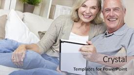  Presentation with man and woman - Colorful presentation theme enhanced with retirement age - happy senior man and woman backdrop and a light blue colored foreground