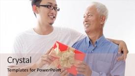  Presentation with elderly asian - Slide set with retirement celebration - asian elderly father and son background and a coral colored foreground