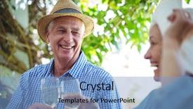  Presentation with toasting - Beautiful presentation theme featuring retirement celebration - retired couple wearing hats while backdrop and a light blue colored foreground