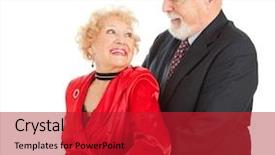  Presentation with couple dance - Colorful slides enhanced with retirement celebration - senior couple look lovingly backdrop and a crimson colored foreground