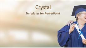  Presentation with school building - PPT theme enhanced with retirement ceremony - banner of senior adult woman background and a  colored foreground