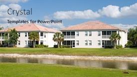  Presentation with retirement golf - Amazing PPT theme having luxurious apartment building florida - retirement community condos backdrop and a light blue colored foreground