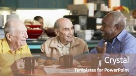  Presentation with tea - Colorful theme enhanced with retirement home - senior men drinking tea together backdrop and a coral colored foreground