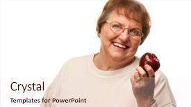  Presentation with red apple tree - PPT theme consisting of retirement invitation - attractive senior woman with red background and a lemonade colored foreground