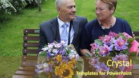  Presentation with man sitting bench - Colorful slides enhanced with retirement invitation - portrait of family elderly couple backdrop and a tawny brown colored foreground