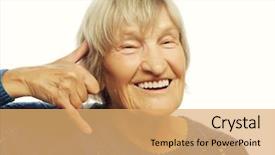  Presentation with happy smiling woman dental health - Cool new PPT theme with retirement invitation - senior happy woman is making backdrop and a yellow colored foreground
