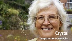  Presentation with garden - Theme featuring retirement invitation - senior woman portrait outdoor background and a coral colored foreground