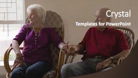  Presentation with partnership - PPT theme featuring retirement partnership - front view of happy senior background and a coral colored foreground