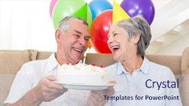  Presentation with retirement party - Audience pleasing presentation consisting of retirement party baloons - senior couple sitting on couch backdrop and a sky blue colored foreground