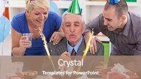  Presentation with flicking candles - Theme enhanced with retirement party baloons - senior man blowing candles background and a coral colored foreground