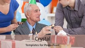  Presentation with retirement party - PPT layouts enhanced with retirement party baloons - senior man celebrating his birthday background and a coral colored foreground