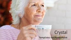  Presentation with tea cup - Presentation with retirement plan - content old woman holding background and a coral colored foreground