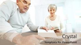  Presentation with wife - Slides with retirement plan - portrait of mature man background and a soft green colored foreground