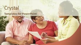  Presentation with advisor to senior clients - Beautiful presentation featuring retirement plan - senior couple talking to financial backdrop and a cream colored foreground