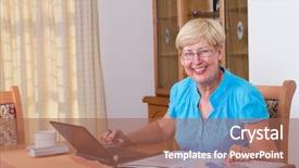  Presentation with happy retirement - Slide deck featuring retirement saving - happy senior woman calculating her background and a  colored foreground