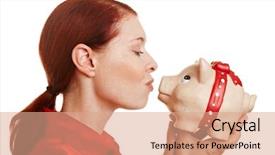  Presentation with piggy bank broken piggybank - Theme consisting of retirement saving - redhaired woman kissing a big background and a  colored foreground