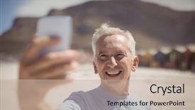  Presentation with selfie - Presentation theme enhanced with retirement theme - happy senior man taking selfie background and a  colored foreground