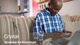  Presentation with laptop - Theme having retirement theme - senior man photographing laptop while background and a  colored foreground