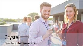  Presentation with retreat - Presentation theme featuring retreat - smiling young business couple looking background and a light blue colored foreground