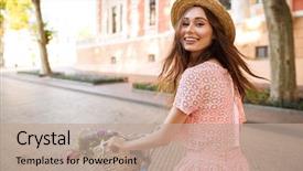  Presentation with girl in red dress - Colorful presentation design enhanced with retro bicycle on a city backdrop and a coral colored foreground