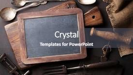  Presentation with kitchen utensils - Cool new PPT theme with retro blackboard - old vintage kitchen utensils fork backdrop and a gray colored foreground