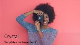  Presentation with pretty girl - Amazing PPT layouts having retro camera isolated over pink backdrop and a coral colored foreground