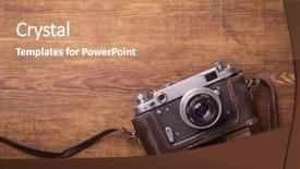  Presentation with vintage retro - Cool new PPT theme with old film strip - retro camera on wood table backdrop and a coral colored foreground