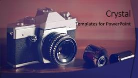  Presentation with retro - Colorful theme enhanced with retro camera on wooden table backdrop and a violet colored foreground