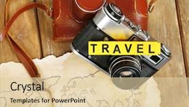  Presentation with map - Cool new PPT theme with retro camera on world map with word travel on wooden table background backdrop and a lemonade colored foreground