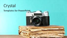  Presentation with old book - Colorful presentation theme enhanced with retro camera with old book backdrop and a arctic colored foreground