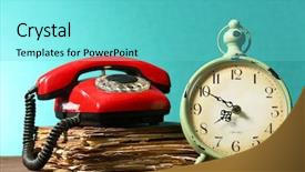  Presentation with old telephone - Beautiful PPT theme featuring bell telphone - retro clock with old book backdrop and a seafoam green colored foreground