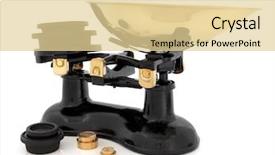  Presentation with iron - Presentation theme consisting of retro cooking scales with cast iron imperial and brass weights over white background background and a blonde colored foreground