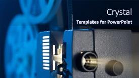  Presentation with film reels - Slide deck featuring retro-film-projector-with-8mm background and a navy blue colored foreground