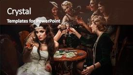  Presentation with women retro - Colorful presentation theme enhanced with retro games - beautiful women in evening dresses backdrop and a tawny brown colored foreground