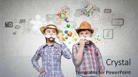  Presentation with cute - Beautiful PPT theme featuring retro games - cute girl and boy wearing backdrop and a light blue colored foreground