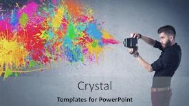  Presentation with paint splatter - Colorful PPT theme enhanced with retro-hipster-male-taking-photograph backdrop and a light gray colored foreground