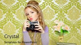  Presentation with vintage retro - Slide set having retro little girl shooting photo background and a  colored foreground