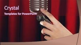  Presentation with red curtain - Slides with retro microphone in female hand on red curtain background background and a tawny brown colored foreground