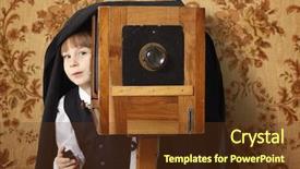  Presentation with cheerful - PPT layouts having retro photographer with vintage camera background and a tawny brown colored foreground