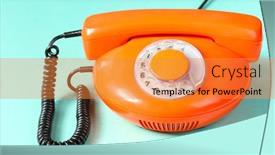  Presentation with red telephone - Presentation consisting of retro red telephone on table on green background background and a gold colored foreground