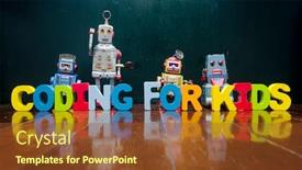  Presentation with robots - Colorful PPT layouts enhanced with retro robots and the words coding for kids on a old wooden floor backdrop and a tawny brown colored foreground
