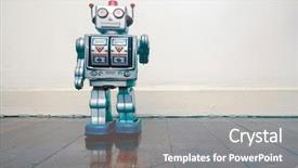  Presentation with robot - Beautiful slide deck featuring retro silver robot waving hi backdrop and a gray colored foreground