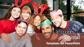 Presentation with christmas party - Colorful presentation enhanced with retro style portrait of group of friends enjoying christmas party at home together backdrop and a tawny brown colored foreground